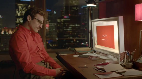 Joaquin Phoenix's character staring at his computer from the motion picture "Her."